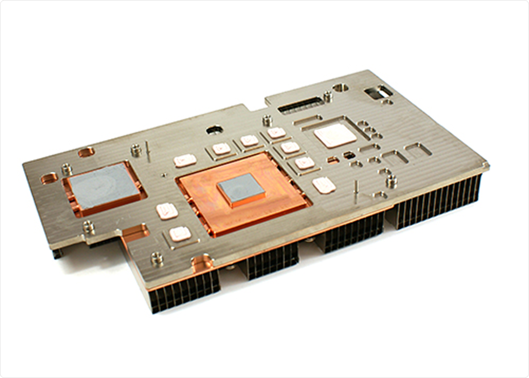 Double floating core heatsink with stacked fins